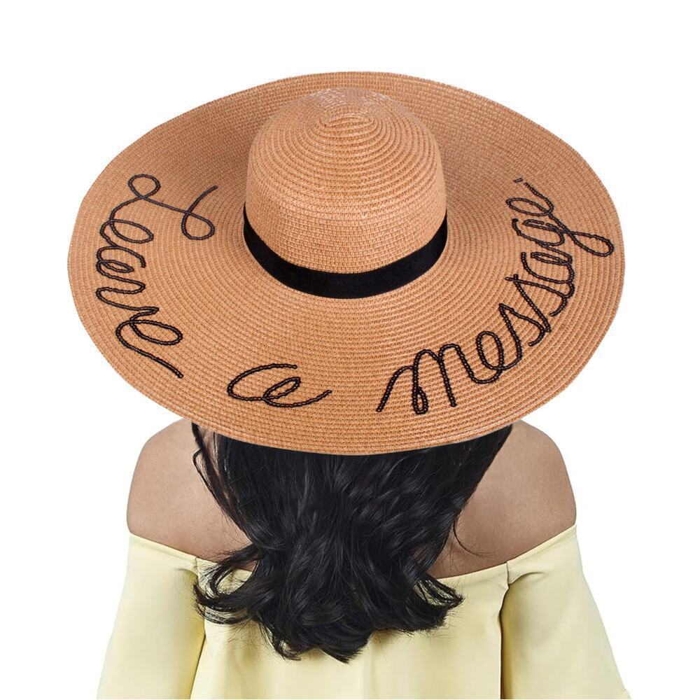 NWT A&O Women's  LEAVE A MESSAGE Sequin Lettering Wide Brim Straw Floppy Sun Hat - Picture 5 of 6